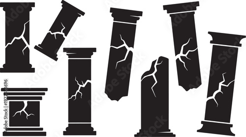Cracked and broken black stone pillars on white background