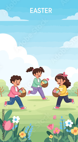 Three happy children running with Easter baskets during an egg hunt.