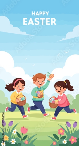 Three happy children running with Easter baskets.