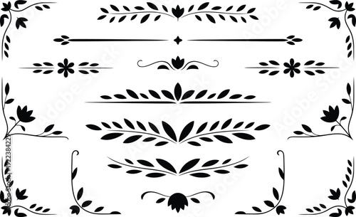 Symmetrical black leaf and floral dividers with matching corner elements on a white background