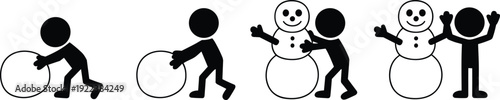 Stick figure building snowman step by step winter activity concept, rolling snow balls and completing snowman isolated on white background icon set illustration