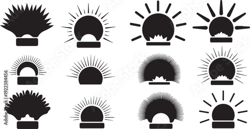 Collection of black sun icons on white background