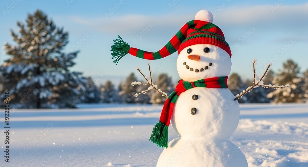 Obraz premium Snowman winter scene with hat scarf