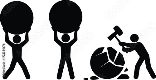 Stick figure silhouettes carrying heavy stone and breaking rock with hammer, manual labor and strength effort concept isolated on white background illustration