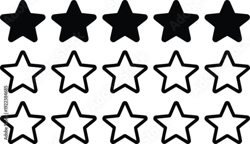 Three rows of five black star icons displaying solid and outlined variations on a white background