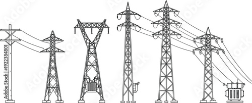 Set of high voltage power line towers and electricity transmission pylons with transformers and cables, technical vector illustration in black and white.