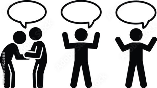 Stick figure silhouettes discussing and presenting ideas with speech bubbles, communication and conversation concept isolated on white background icon illustration