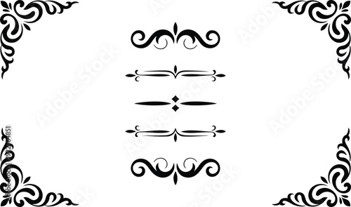 Timeless black ornamental flourishes and varied page section dividers creating classic visual appeal