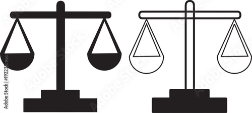 Two balance scale icons: one solid black and one outline. Representing legal concepts and justice options.