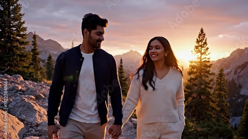 Couple Walks Hand In Hand At Sunset In Rocky Mountain Landscape With Evergreen Trees And Golden Light