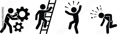 Stick figure silhouettes showing teamwork, climbing ladder, success celebration and failure concept isolated on white background business motivation icon set illustration