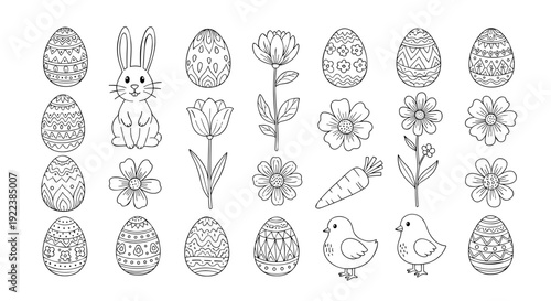 Happy Easter collection of hand-drawn line art illustrations featuring Easter eggs, bunnies, tulips, carrots, and chicks