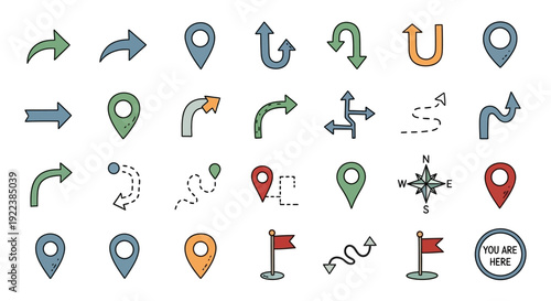 Collection of map navigation icons.