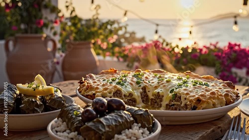 Delicious Food Feast Featuring Dolmades and Pastitsio at Sunset Near the Ocean