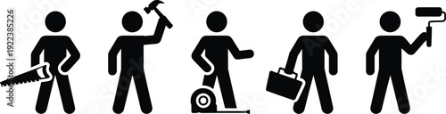 Stick figure worker icons set with saw, hammer, toolbox, measuring tape and paint roller isolated on white background construction profession illustration
