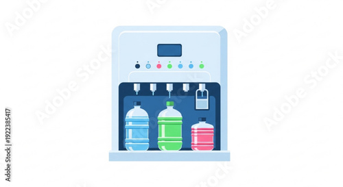 Modern office water cooler with colorful bottles and digital display