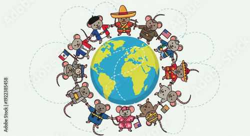 Diverse cartoon mice hold hands around the globe symbolizing unity and friendship across cultures