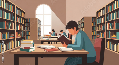 Young man studying intently in a library with books on tables and shelves around him