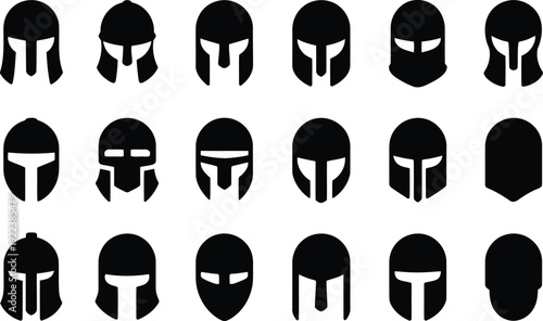 Various ancient warrior helmets depicted as simple black silhouettes against a white background