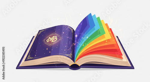 Open magical book with rainbow pages and gold symbol on purple cover revealing colorful fantasy knowledge