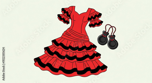 Vibrant red flamenco dress with black trim and castanets on cream background traditional spanish dance costume