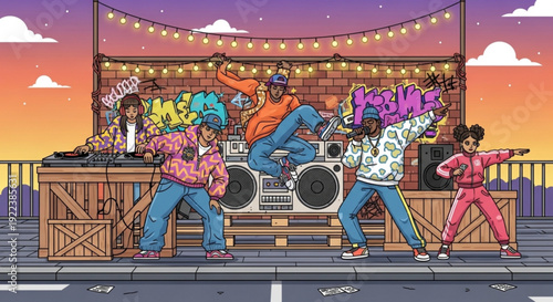 Friends dancing and having fun at an outdoor party with a dj and boombox under a colorful sunset with string lights