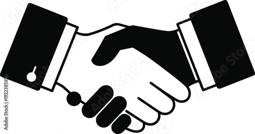 Stylized handshake silhouette with contrasting suit sleeves, symbolizing business, agreement, partnership, diplomacy, unity, and cooperation