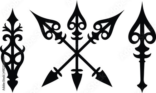 Various decorative black silhouette arrow and spearhead designs arranged on a clean white background