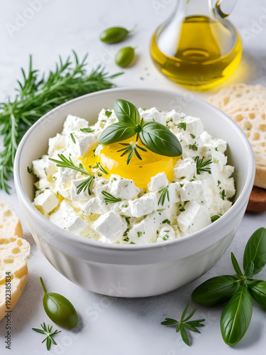 Fluffy whipped feta with herbs and olive oil on a light background