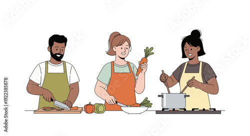 Diverse group of people happily cooking together in a kitchen setting.