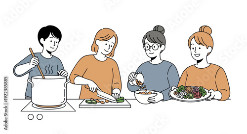 Cheerful women cooking and preparing a delicious meal together.