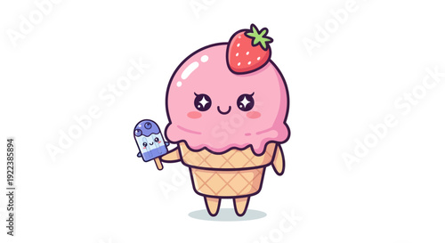 Cute Pink Ice Cream Cone Character with Strawberry and Popsicle.