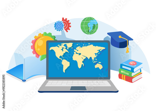 Vector of a world map made of book pages and digital icons (laptop, brain, graduation cap), e-learning and global knowledge.
