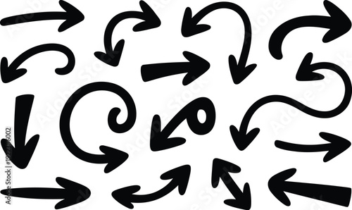 Various hand drawn black arrows indicating many directions and different types of movement on a white surface