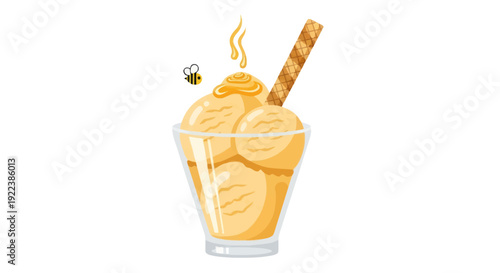 A delicious glass of honey ice cream scoops with a wafer stick honey drizzle and a small bee.