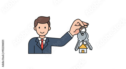 Smiling real estate agent in a suit holding up a set of keys with a small house keychain.