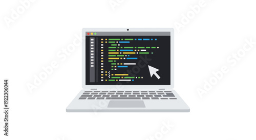Laptop displaying colorful code with a cursor on screen.