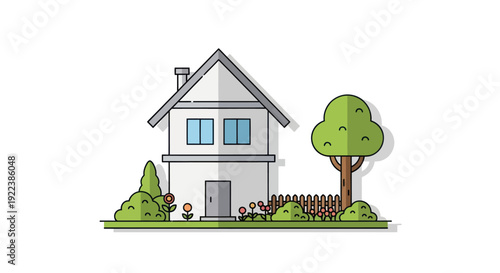 Cartoon House with Garden and Fence Illustration.
