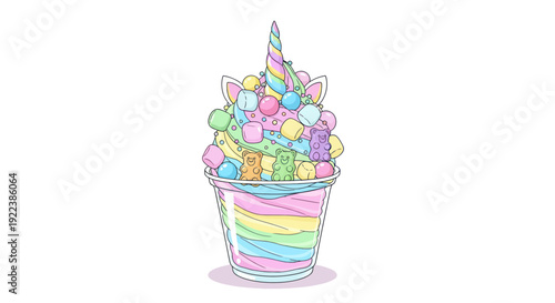 Colorful Rainbow Unicorn Ice Cream Dessert in a Clear Plastic Cup.