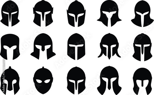 Various historical warrior helmet silhouettes in black presented against a clean bright white backdrop