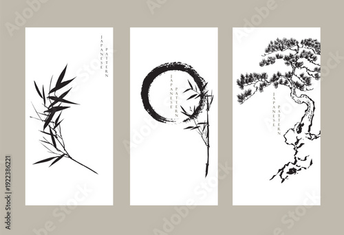 vector illustration of bonsai tree, bamboo branch and enso circle background in traditional style.	