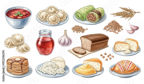 watercolor ukrainian & slavic food collection – traditional cuisine vector set,