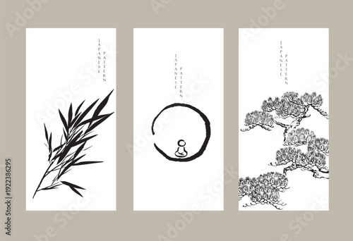 vector illustration of bonsai tree, bamboo branch and enso circle background in traditional style.	