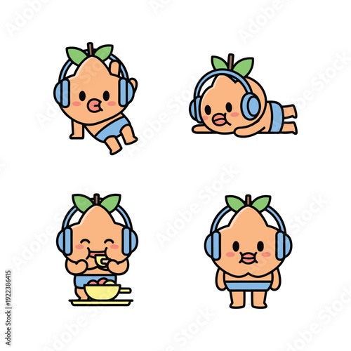 Cute cartoon mango character with headphones in various poses on white background