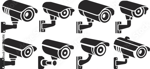 Set of modern CCTV surveillance camera icons, black security system symbols, flat design, isolated vector illustration for safety monitoring