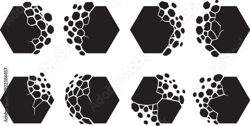 Geometric shapes with cracks and holes in black and white