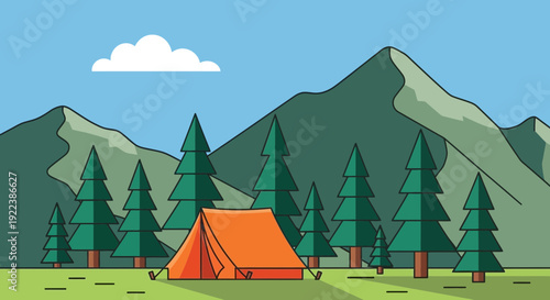 Camping tent in scenic mountain forest landscape, flat vector illustration