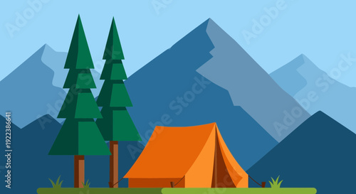 Camping Tent in Mountains with Pine Trees and Flat Design