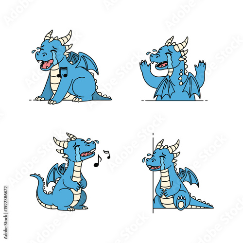 Cute cartoon blue dragon set singing and dancing with musical notes