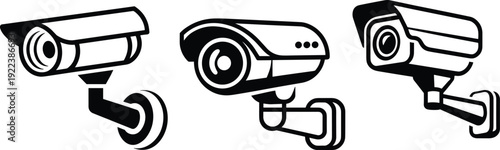 Set of modern CCTV surveillance cameras, security system vector illustration, black icon design, home protection, monitoring device, safety equipment graphic